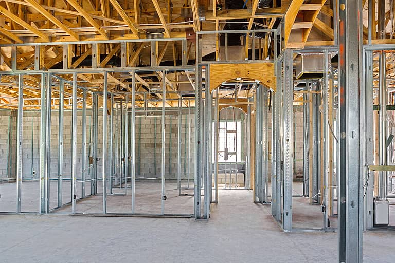 A room containing steel framing.