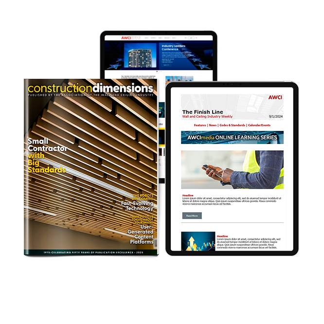 An image of Construction Dimensions magazine, The Finish Line newsletter and the AWC I website.