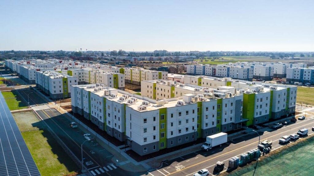 Drone shot of UC Davis Westgate Village Student Housing, Davis, CA